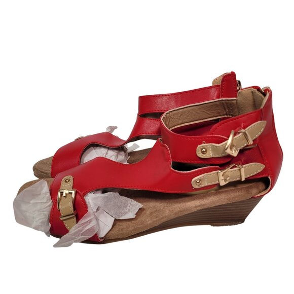 Cloud 90 Women's Red Open-Toe Leather Wedge Sandals With Buckle Straps Size 7 - Picture 5 of 12